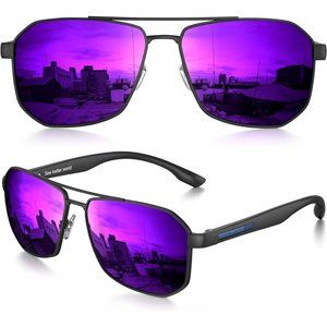 Sunglasses for Men Square Polarized Polygon Lens UV 400 Protection-Purple Len's